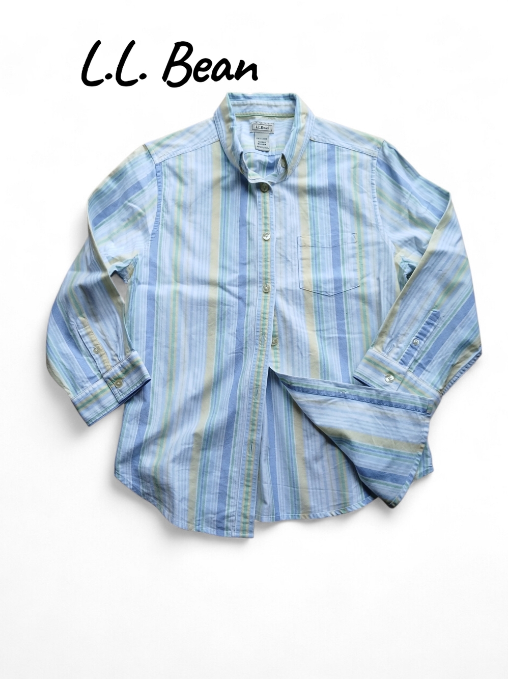 L.L. Bean Size Small Lightweight Striped Button-Down in Blue & Light Green